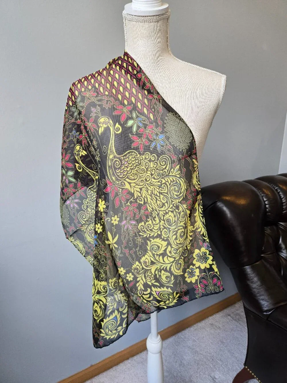 Sheer Womans Black and Yellow Peacock Design Scarf
